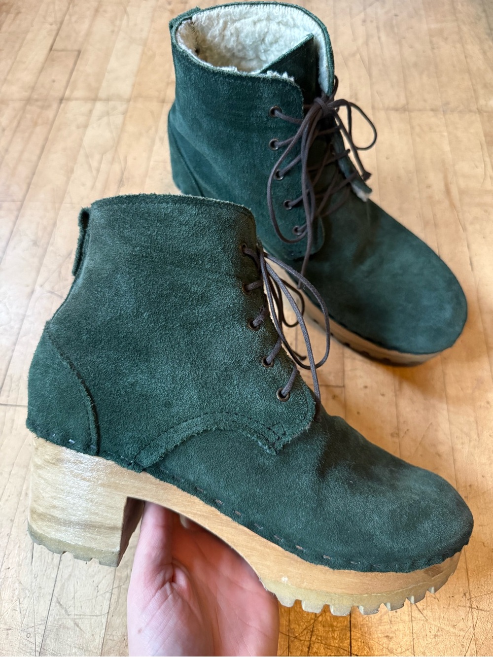 NO.6 Green Suede Shearling Lace Up Lander Boots Cottagecore Boho Platform 40 8.5